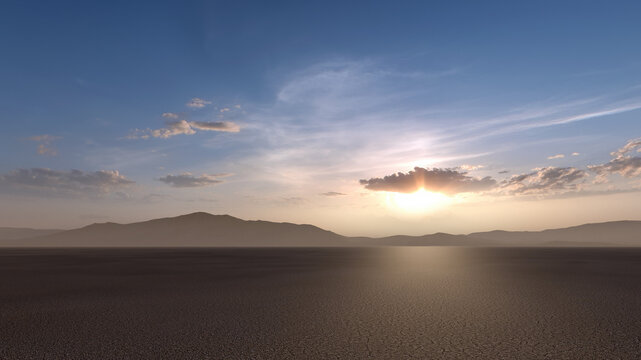 Vast dry plain in desert with mountains on the horizon at sunset. 3D render.