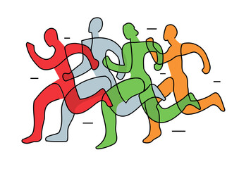 Running race, jogging,  line art stylized.
Illustration of group of running racers. Continuous line drawing design. Isolated on white background. Vector available.