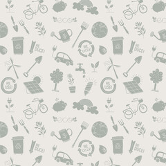 Illustrated seamless pattern icons beige background ecologist environment conservation save water recycle reuse reduce plant natural resources eco set planet solar panel eco friendly.