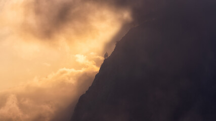 fog in the mountains at sunset