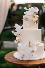 Front close up view of beautiful minimalist wedding cake in white color cream decorated with rose petals decor. Wedding concept. 

