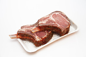 Pork steak, bone, raw meat, diet, calories, cuisine, white background