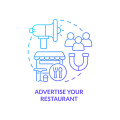 Advertise restaurant blue gradient concept icon. Plan before opening food service establishment abstract idea thin line illustration. Promotion. Isolated outline drawing. Myriad Pro-Bold font used