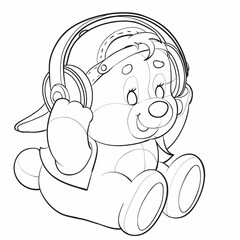 sketch of a cute bear cub in a cap listening to music in big headphones, coloring book, isolated object on a white background, cartoon illustration, vector,