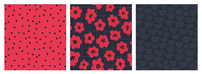 Vector poppy flower pattern set. Red poppy flowers on checkered background, black polka dot on red, gray semicircle on dark gray color. Cute cartoon doodle pattern collection. - obrazy, fototapety, plakaty