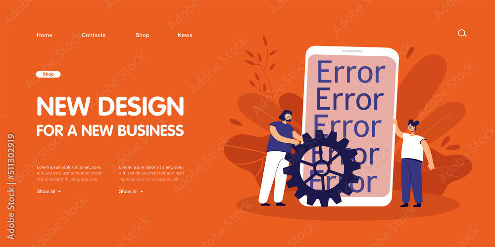 Poster Female programmers fixing application error on huge smartphone. Software problem flat vector illustration. Technology, error, maintenance concept for banner, website design or landing web page