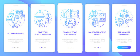Ways of making restaurant trendy blue gradient onboarding mobile app screen. Walkthrough 5 steps graphic instructions with linear concepts. UI, UX, GUI template. Myriad Pro-Bold, Regular fonts used