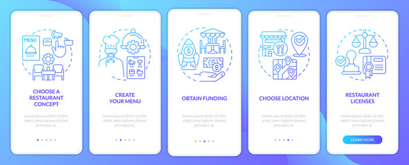 Start restaurant journey blue gradient onboarding mobile app screen. Walkthrough 5 steps graphic instructions with linear concepts. UI, UX, GUI template. Myriad Pro-Bold, Regular fonts used