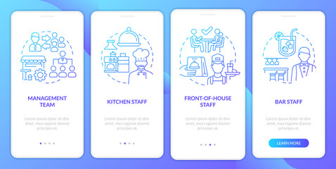 Key positions in restaurant blue gradient onboarding mobile app screen. Walkthrough 4 steps graphic instructions with linear concepts. UI, UX, GUI template. Myriad Pro-Bold, Regular fonts used