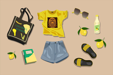 Summer bright  look. Trendy yellow outfit.  Hand-drawn vector illustration of denim shorts, t-shirts, sandals, glasses, bag, book, lemonade and lemons.