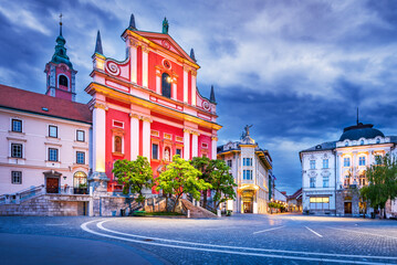 Ljubljana, Slovenia. Cathedral and Preseren Square, twilight blue hour