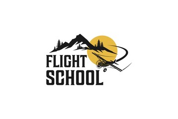 Flight school logo airline plane with mountain sunset icon design modern aviation training