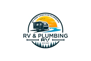 RV and plumbing logo recreational vehicle design river lake sunset emblem badge style holiday vacation