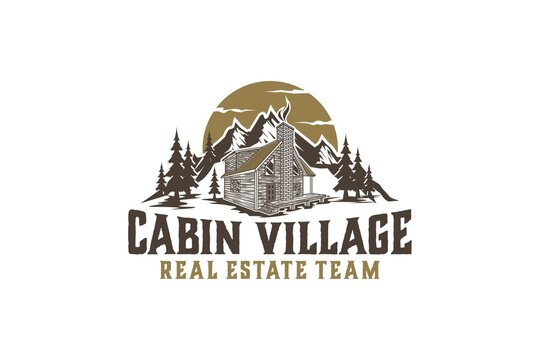 Vintage cabin logo vector lodge house illustration design sunset outdoor roof house residence real estate