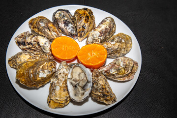 Fresh Atlantic oysters from the southern coast of Brazil, with ripe clove lemon. Top view