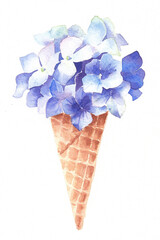 Watercolor illustration. Blue hydrangea peony in a waffle cone. Hydrangea on a white background. Aquatic sketch.