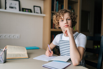 Portrait of adorable curly little schoolgirl studying at home, doing homework, holding pen, writing notes, looking at camera, sitting at desk near window. Positive girl kid pupil prepare homework.