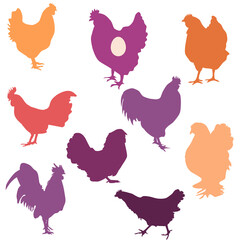 Set of silhouettes of different hens and roosters. Can be used for graphic design, branding, textile design, packaging. Vector illustration