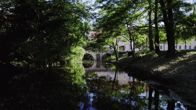 flying over picturesque river in K&ouml;then, Germany