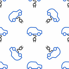 Line Electric car and electrical cable plug charging icon isolated seamless pattern on white background. Renewable eco technologies. Colorful outline concept. Vector