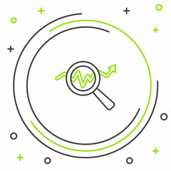 Line Magnifying glass and data analysis icon isolated on white background. Search sign. Colorful outline concept. Vector