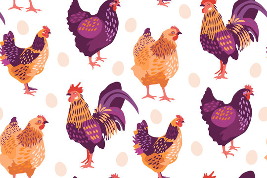 Seamless pattern with chickens, rooster and eggs. Can be used for graphic design, branding, textile design, packaging, wrapping paper. Vector illustration.