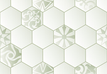 grey colored hexagon pattern ceramic tiles. Modern seamless pattern, hexagon ceramic tiles with damaged geometric texture