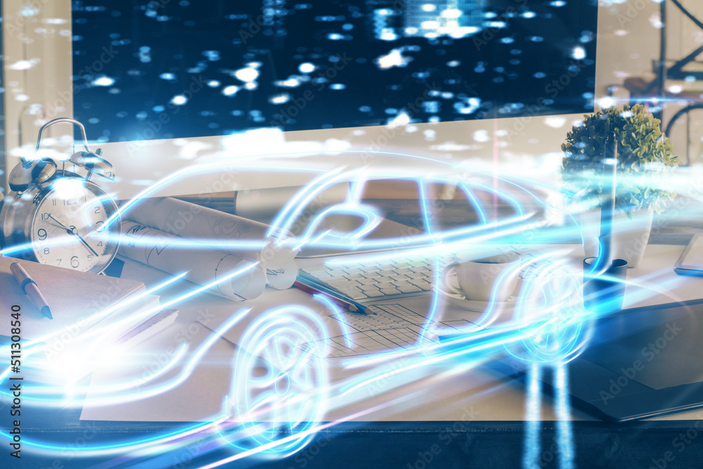 Aufkleber Desktop computer background in office with automobile hologram drawing. Multi exposure. Tech concept.