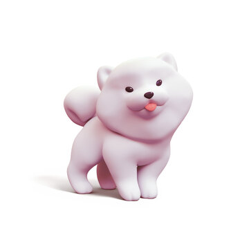Cute fluffy white kawaii puppy with red tongue sticking out of his mouth, big smile on his face, dot eyes stands playfully isolated on white backdrop. Funny cartoon dog in minimal art style. 3d render