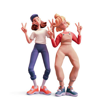 Two cute kawaii funny positive brunette blonde girls wear trendy casual clothes show fingers doing peace sign, victory symbol. Best friends have fun, dancing pose. 3d render isolated on white backdrop