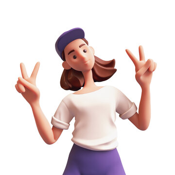 Portrait of funny kawaii casual brunette girl with smiling face wears t-shirt, blue pants, cap shows fingers doing peace sign, victory symbol, number two, success. 3d render isolated on white backdrop