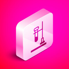 Isometric Glass test tube flask on fire heater experiment icon isolated on pink background. Laboratory equipment. Silver square button. Vector