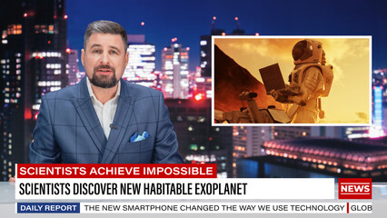 Split Screen TV News Live Report: Anchor Talks. Reportage Montage: Astronaut On Space Mission Reports Facts About New Habitable Planet. Television Program On Cable Channel Concept.