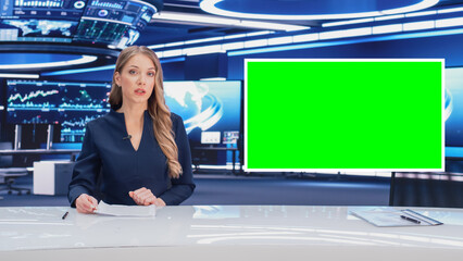 Newsroom TV Studio Live News Program: Caucasian Female Presenter Reporting, Green Screen Chroma Key...