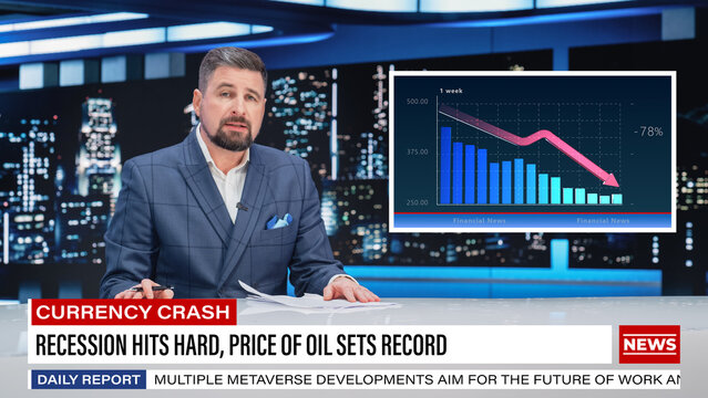 Split Screen TV News Live Report: Anchorman Talks. Reportage Montage: Professional Male Newscaster Presenting Latest Stock Market Events. Television Program On Cable Channel Concept.