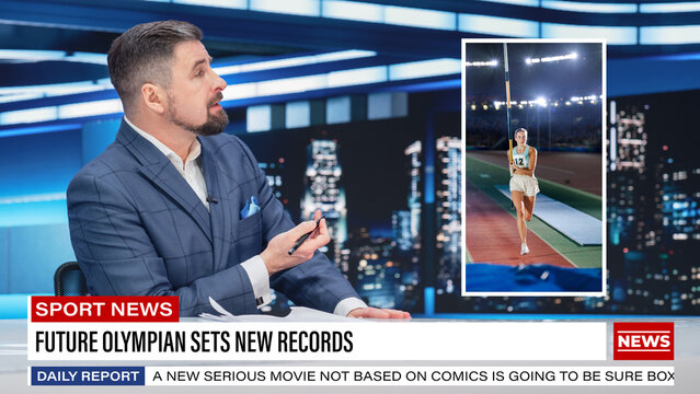 Split Screen TV News Live Report: Anchor Talks. Reportage Montage: Young Beautiful Sports Women Sets New Record, Gets Highest Score In Tournament. Television Program On Cable Channel Concept.