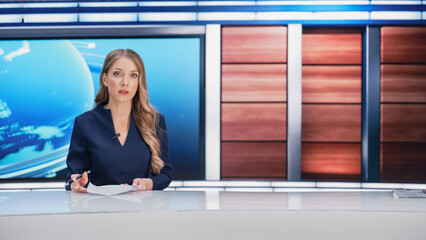 TV Live News Program: Professional Female Presenter Reporting on Current Events. Television Cable...