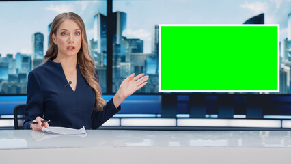 Newsroom TV Studio Live News Program: Caucasian Female Presenter Reporting, Green Screen Chroma Key...