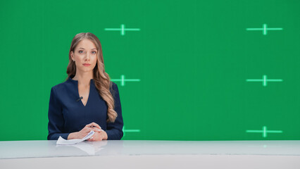 Newsroom TV Studio Live News Program: Caucasian Female Presenter Reporting, Green Screen Chroma Key Screen Picture. Television Cable Channel Anchor Woman Talks. Network Broadcast Mock-up. - obrazy, fototapety, plakaty