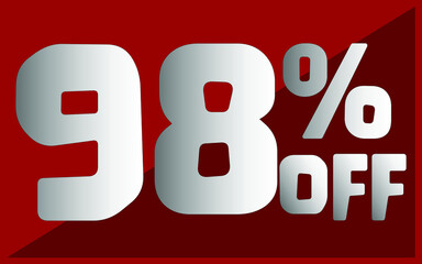 98 percent off. Red banner with white and gray typography for promotions and offers