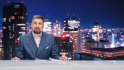Late Night TV Talk Show Live News Program: Charismatic Male Anchor Presenter Reporting. Television...