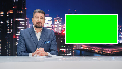Late Night TV Talk Show Live News Program: Anchorman Presenter Reporting, Uses Green Screen...