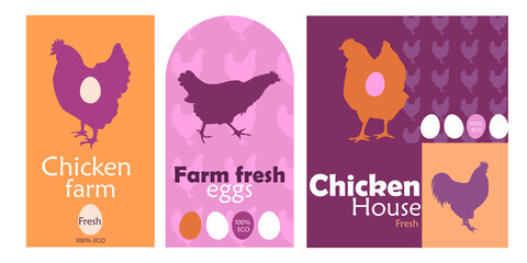 Fototapeta na wymiar Branding identity for Chicken product. Different design for label, logo, brand colors. Chicken house Brand hen. Vector graphic design elements. 