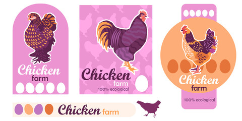 Branding  identity for Chicken product. Different design for label, logo, brand colors. Chicken house Brand hen. Vector graphic design elements.  © mila_ludmila