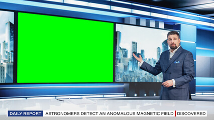 Newsroom TV Studio Live News Program: Caucasian Male Presenter Reporting Bad News, Green Screen...
