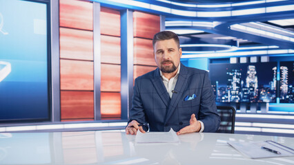 Fototapeta premium Beginning Evening News TV Program: Anchor Presenter Reporting on Business, Economy, Science, Politics. Television Cable Channel Anchorman Talks. Broadcast Network Newsroom Studio Concept.