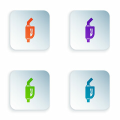 Color Gasoline pump nozzle icon isolated on white background. Fuel pump petrol station. Refuel service sign. Gas station icon. Set colorful icons in square buttons. Vector