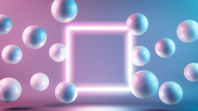 3d illustration of balls in motion and square on blue purple background. © VFX