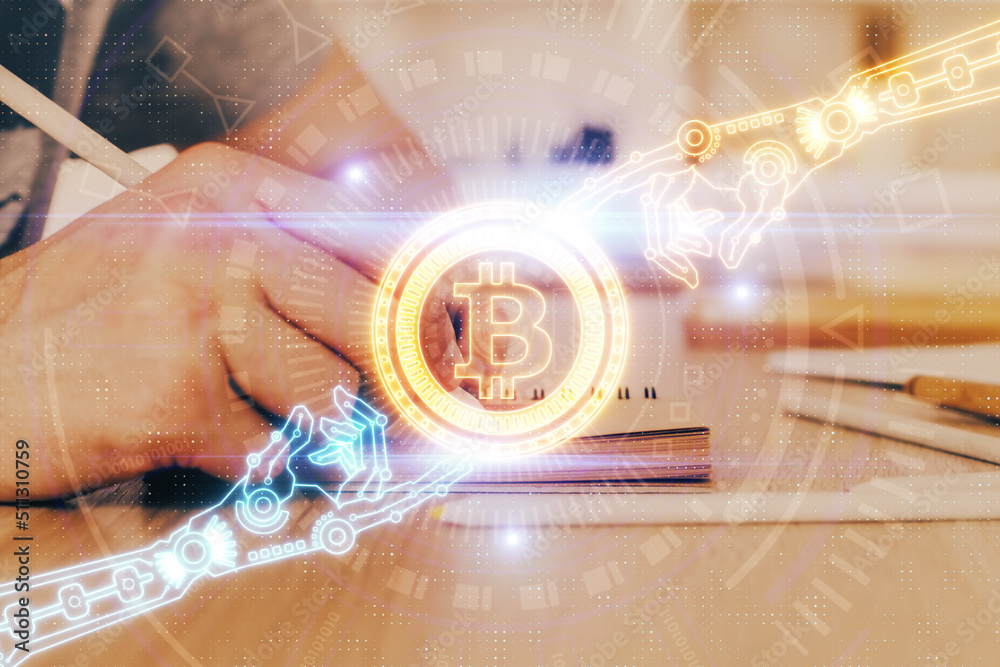 Poster Man's hands working with notes background. Cryptocurrency and finance concept.