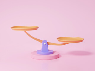 Imbalance scales icon on pink background. comparison weight cartoon minimal style, Libra, comparison, unbalanced. 3d render illustration